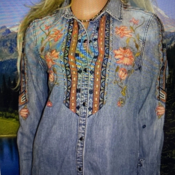 DRIFTWOOD Floral Embroidered Denim Shirt - Picture 2 of 7